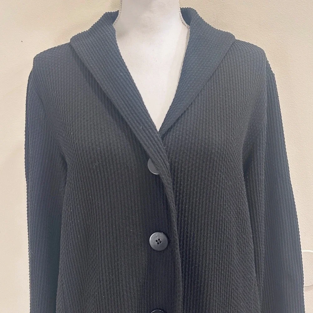 Eileen Fisher Black‎ Waffle Knit Shawl Collar Longline Cardigan Large Minimalism